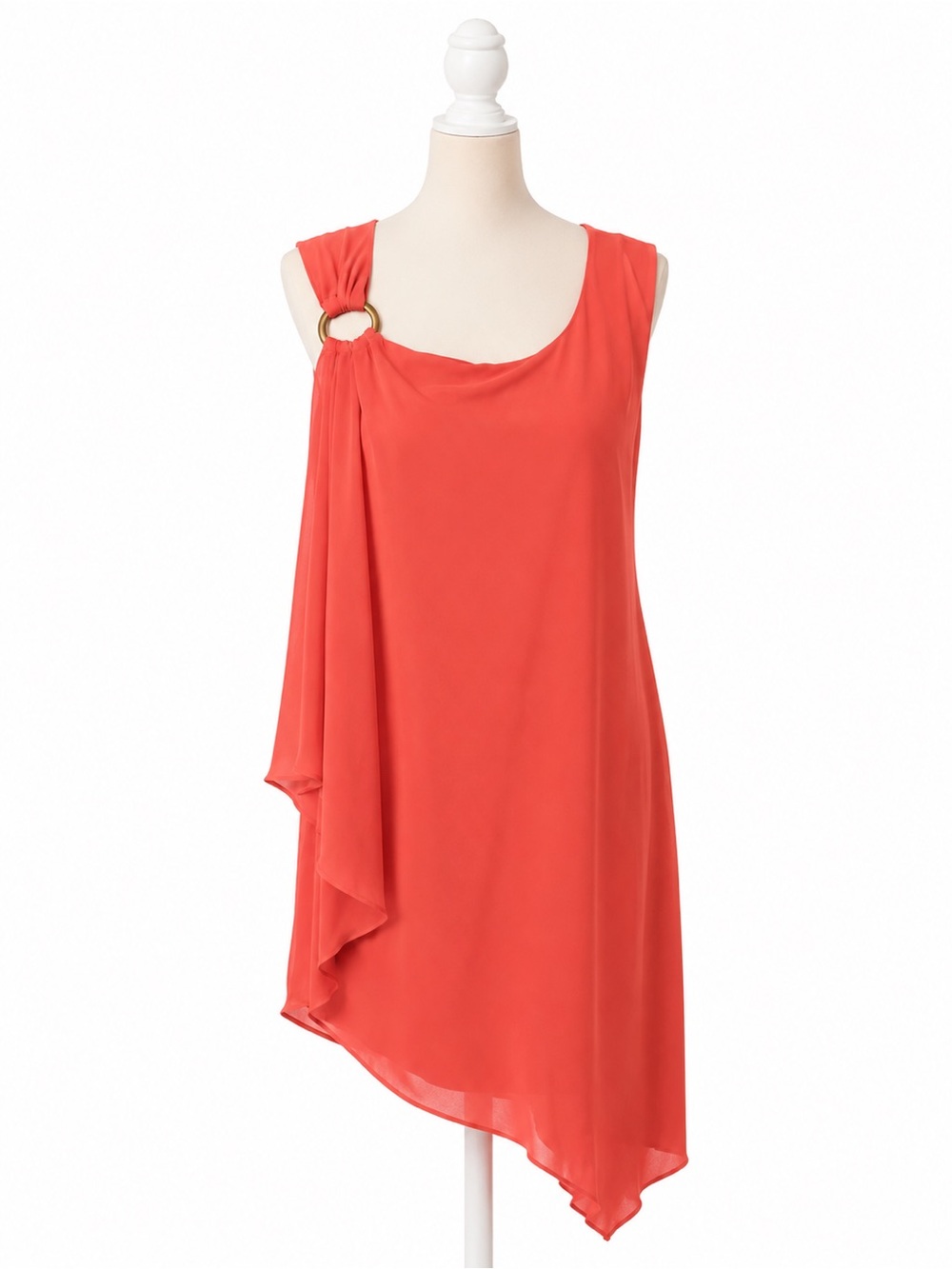 Bebe Y2K NWT Coral Draped Asymmetrical Dress M Gold Ring Sleeveless $129